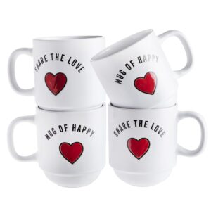 Sheffield Home Set of 4 Stackable Stoneware Mugs with a Metal Rack for Storage, Large Cups for Tea, Mugs for Latte, and Hot Chocolate (Heart Sentiments)